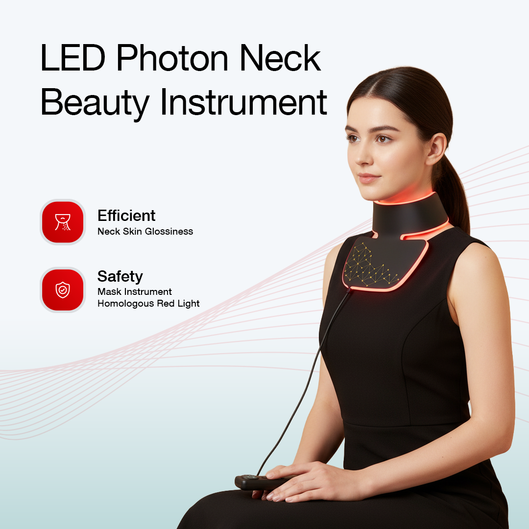 Woman wearing the Vyalight LED neck and chest device at home