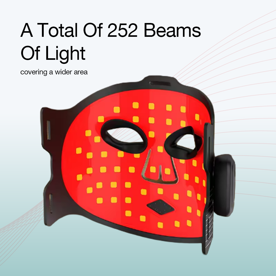 Vyalight LED face mask illuminated, showing its 252 light beams