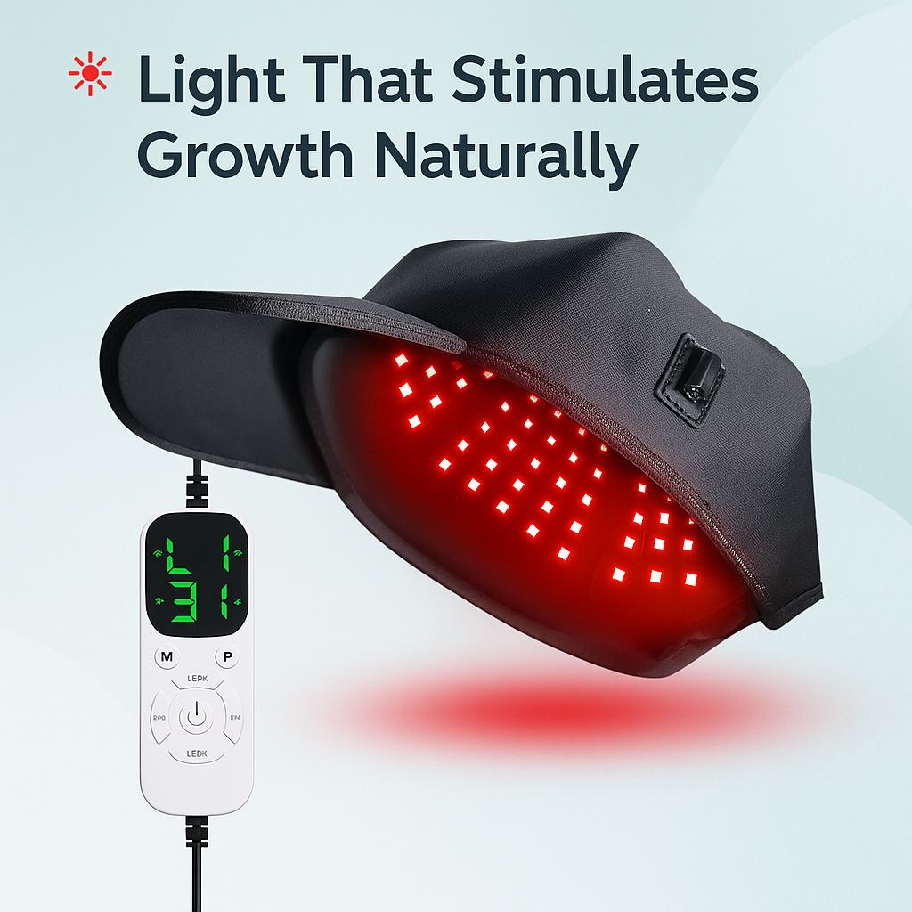 Vyalight red light cap with its illuminated LED lining and controller