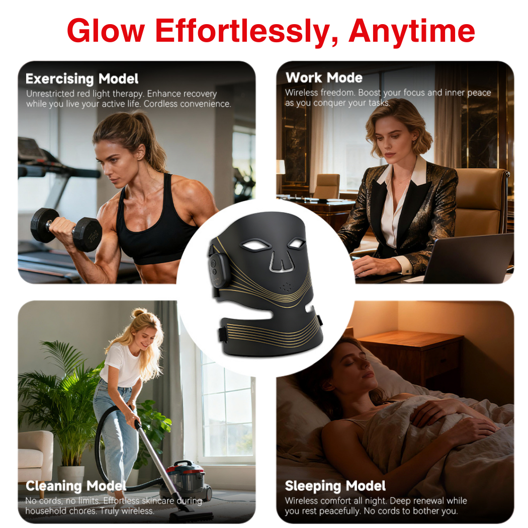 Vyalight face and neck mask worn while exercising, working and relaxing at home